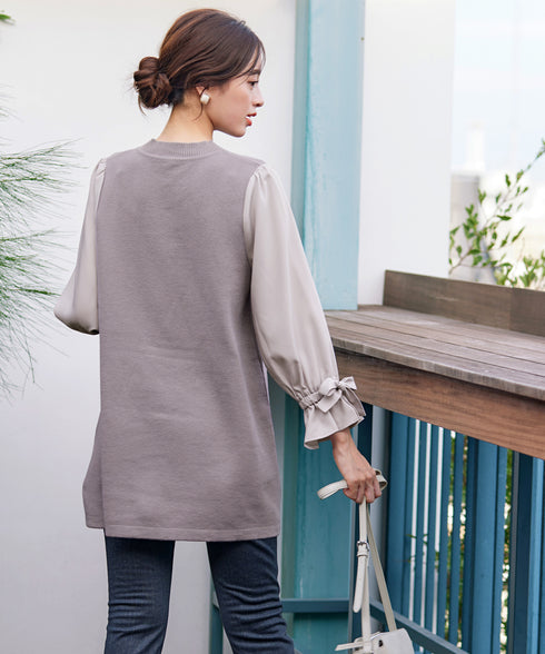 【アウトレット】リボン袖ニットコンビチュニック