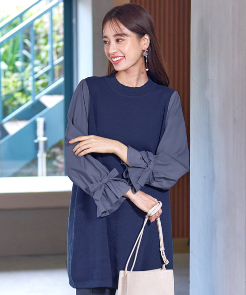 【アウトレット】リボン袖ニットコンビチュニック