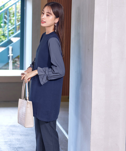 【アウトレット】リボン袖ニットコンビチュニック