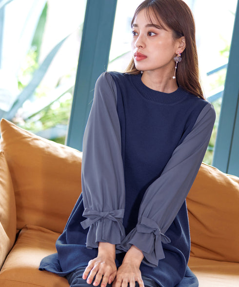 【アウトレット】リボン袖ニットコンビチュニック