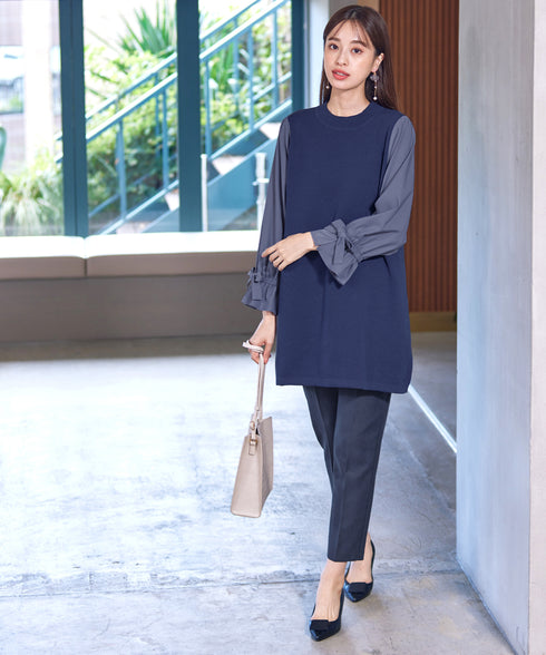 【アウトレット】リボン袖ニットコンビチュニック