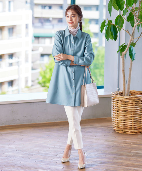 【クリアランスセール】ウール調パールボタンシャツチュニックブラウス