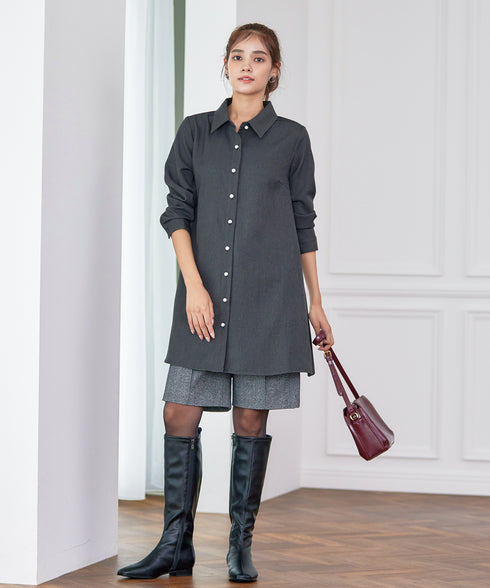 【クリアランスセール】ウール調パールボタンシャツチュニックブラウス