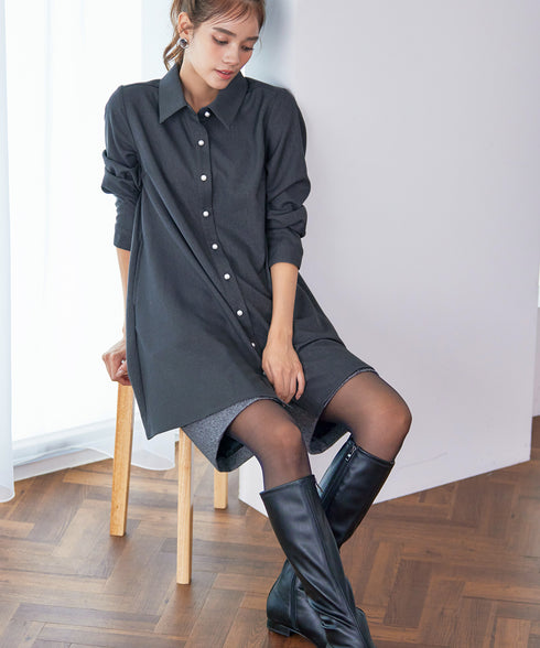 【クリアランスセール】ウール調パールボタンシャツチュニックブラウス