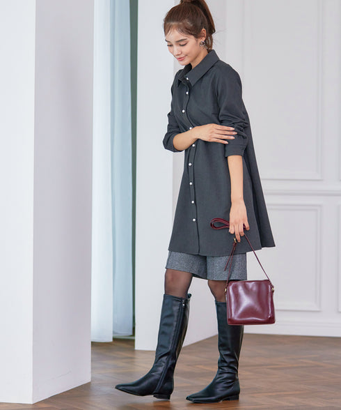 【クリアランスセール】ウール調パールボタンシャツチュニックブラウス