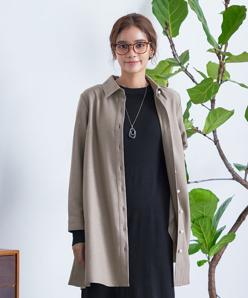 【クリアランスセール】ウール調パールボタンシャツチュニックブラウス