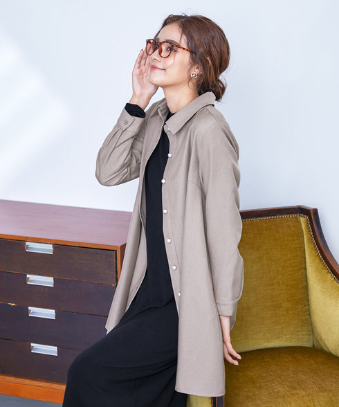 【クリアランスセール】ウール調パールボタンシャツチュニックブラウス