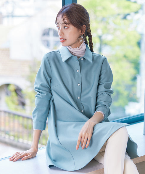 【クリアランスセール】ウール調パールボタンシャツチュニックブラウス