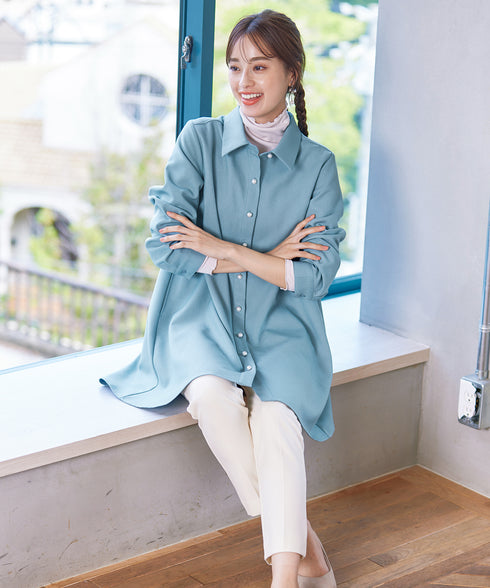 【クリアランスセール】ウール調パールボタンシャツチュニックブラウス