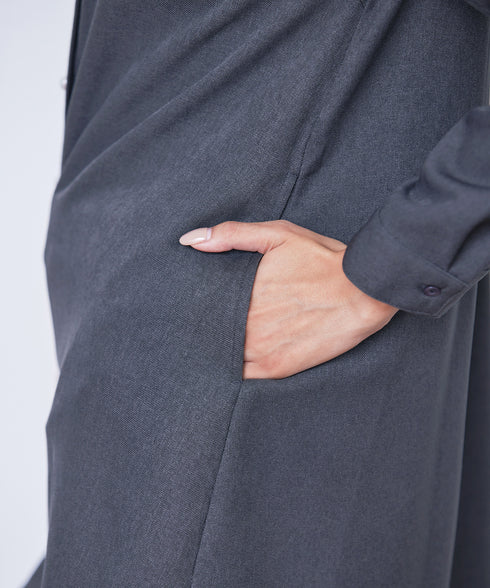 【クリアランスセール】ウール調パールボタンシャツチュニックブラウス