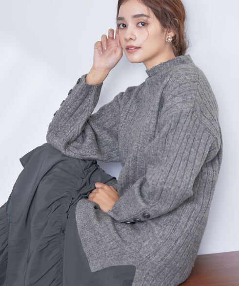 【アウトレット】袖ボタンメランジニットチュニック