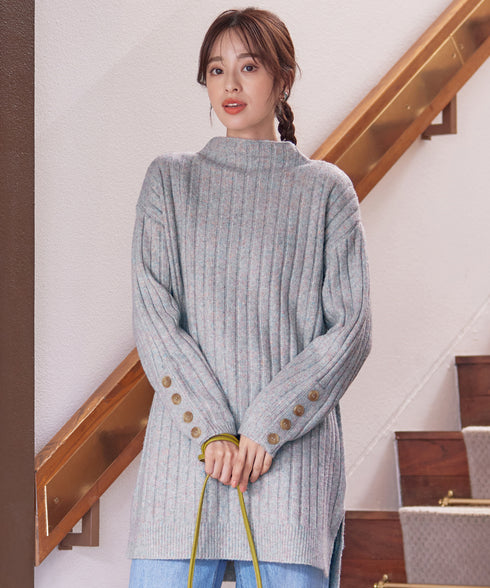 【アウトレット】袖ボタンメランジニットチュニック