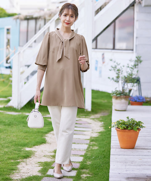 【アウトレット】配色ボウタイチュニックブラウス