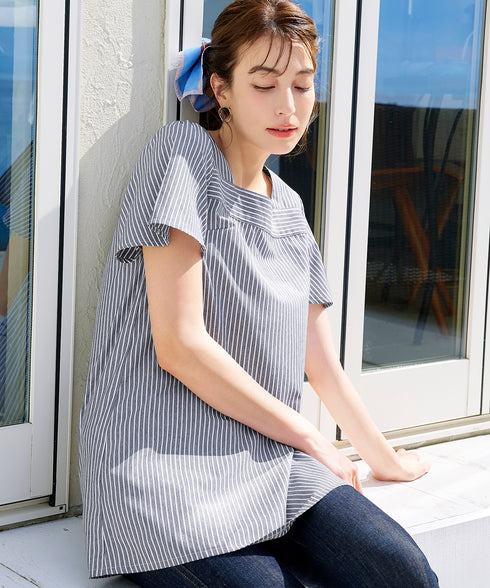 【アウトレット】ストライプフレアスリーブチュニックブラウス