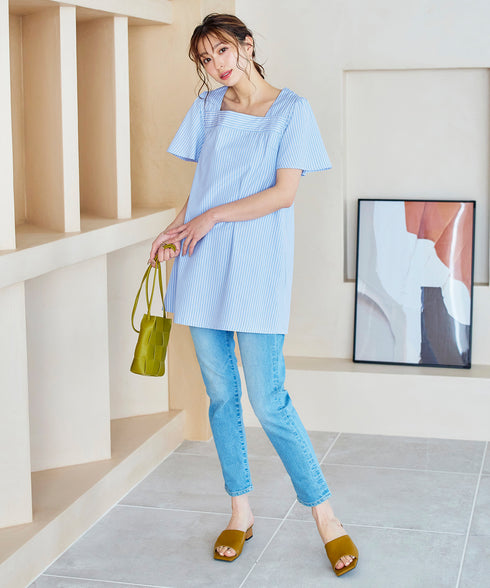 【アウトレット】ストライプフレアスリーブチュニックブラウス