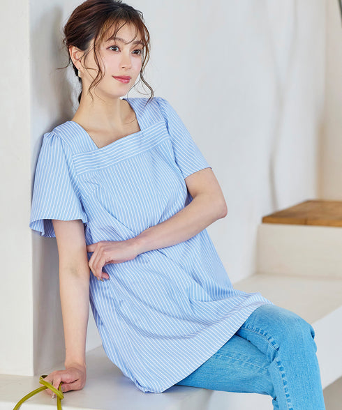 【アウトレット】ストライプフレアスリーブチュニックブラウス