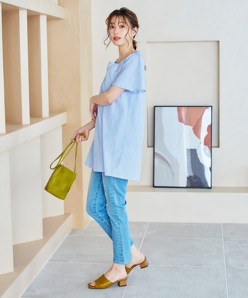 【アウトレット】ストライプフレアスリーブチュニックブラウス