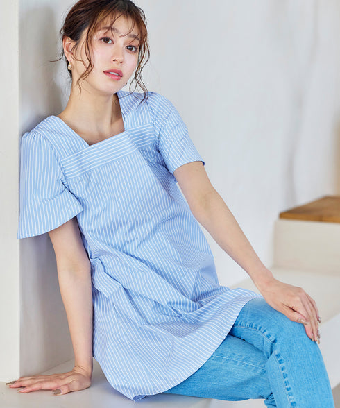 【アウトレット】ストライプフレアスリーブチュニックブラウス