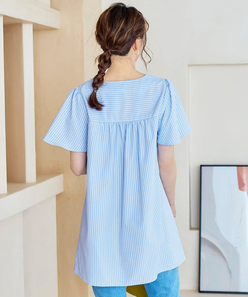 【アウトレット】ストライプフレアスリーブチュニックブラウス