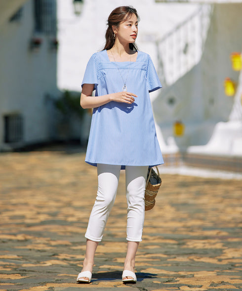 【アウトレット】ストライプフレアスリーブチュニックブラウス