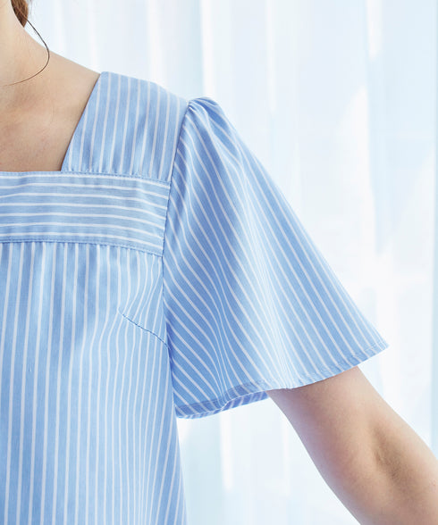 【アウトレット】ストライプフレアスリーブチュニックブラウス