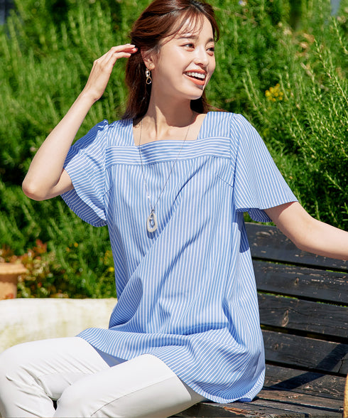 【アウトレット】ストライプフレアスリーブチュニックブラウス