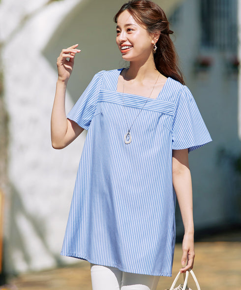 【アウトレット】ストライプフレアスリーブチュニックブラウス