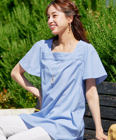 【アウトレット】ストライプフレアスリーブチュニックブラウス
