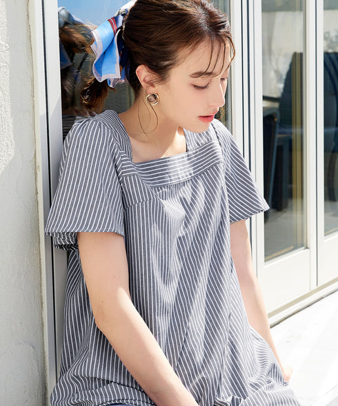 【アウトレット】ストライプフレアスリーブチュニックブラウス