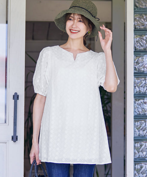 【2TYPE/総レース・袖レース】パンチングレースパフスリーブチュニックブラウス