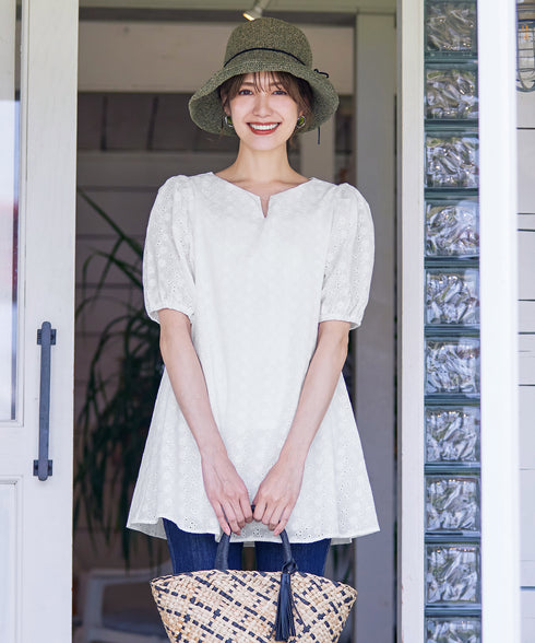 【2TYPE/総レース・袖レース】パンチングレースパフスリーブチュニックブラウス