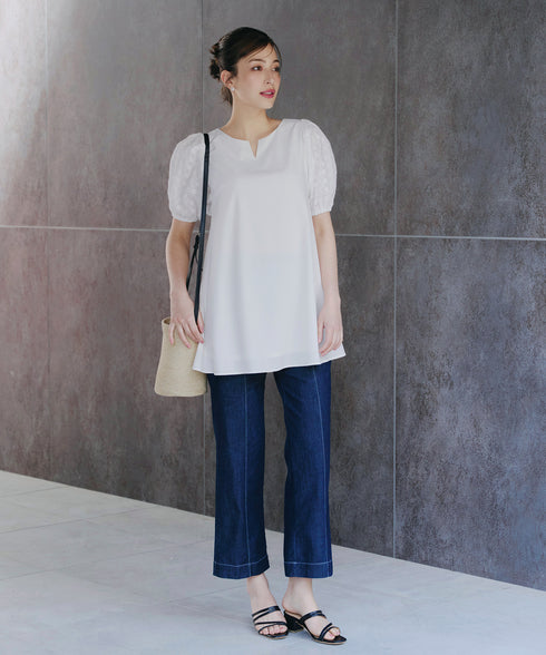 【2TYPE/総レース・袖レース】パンチングレースパフスリーブチュニックブラウス