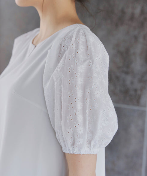【2TYPE/総レース・袖レース】パンチングレースパフスリーブチュニックブラウス