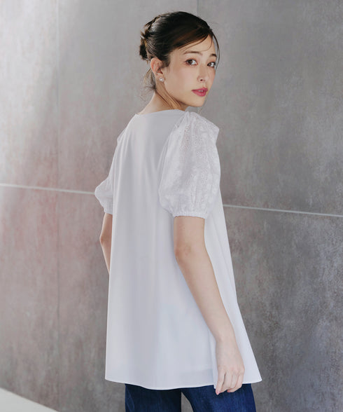 【2TYPE/総レース・袖レース】パンチングレースパフスリーブチュニックブラウス