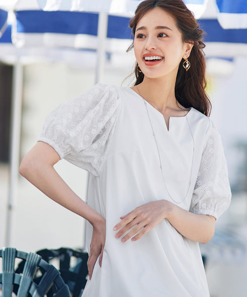 【2TYPE/総レース・袖レース】パンチングレースパフスリーブチュニックブラウス