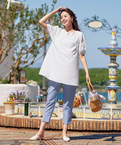 【2TYPE/総レース・袖レース】パンチングレースパフスリーブチュニックブラウス