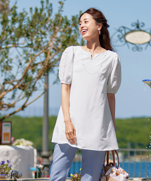 【2TYPE/総レース・袖レース】パンチングレースパフスリーブチュニックブラウス