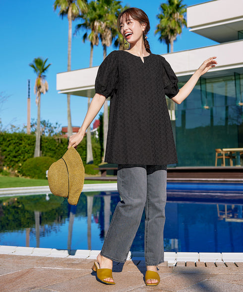 【2TYPE/総レース・袖レース】パンチングレースパフスリーブチュニックブラウス