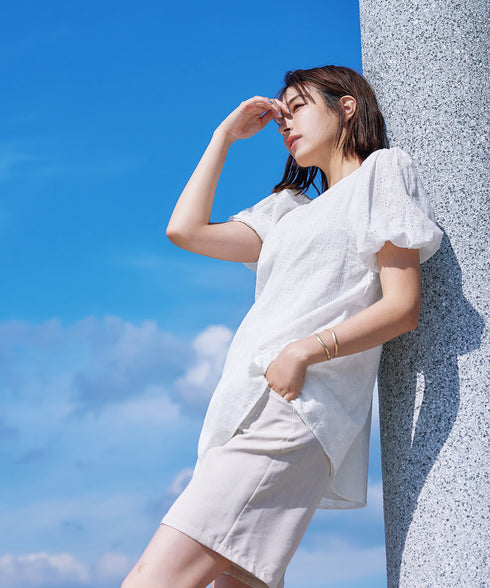 【2TYPE/総レース・袖レース】パンチングレースパフスリーブチュニックブラウス