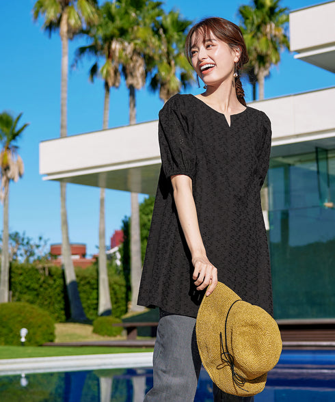 【2TYPE/総レース・袖レース】パンチングレースパフスリーブチュニックブラウス