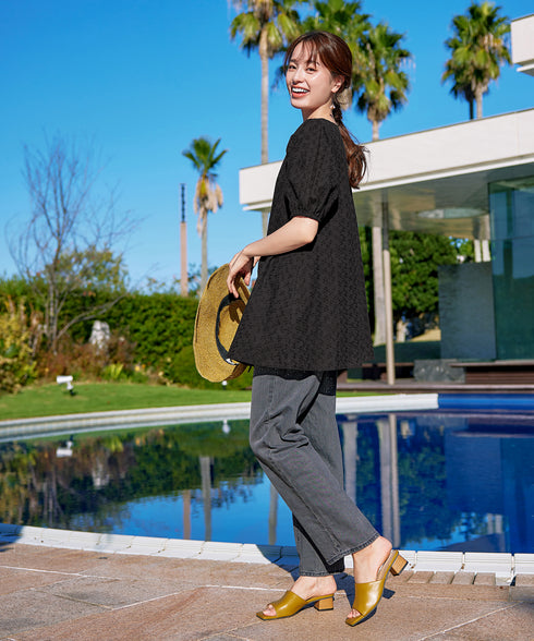 【2TYPE/総レース・袖レース】パンチングレースパフスリーブチュニックブラウス