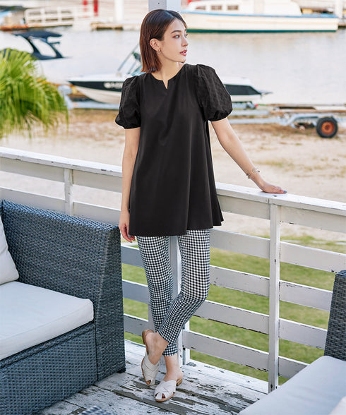 【2TYPE/総レース・袖レース】パンチングレースパフスリーブチュニックブラウス