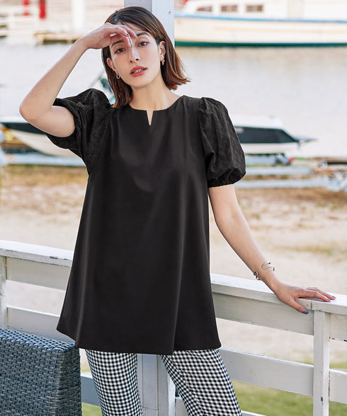 【2TYPE/総レース・袖レース】パンチングレースパフスリーブチュニックブラウス