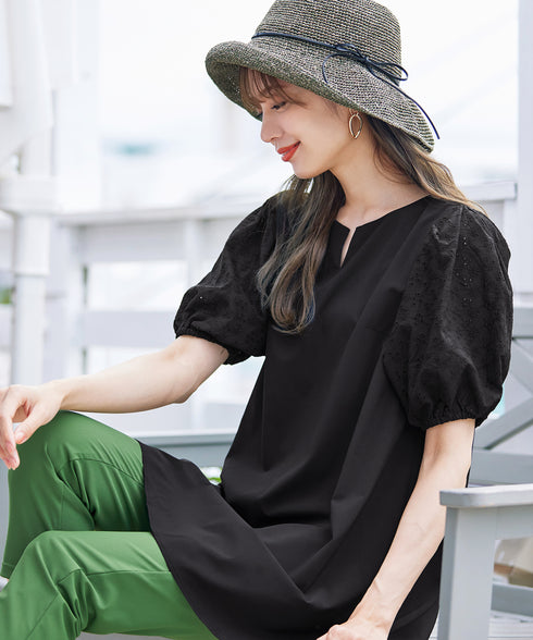 【2TYPE/総レース・袖レース】パンチングレースパフスリーブチュニックブラウス