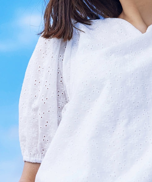 【2TYPE/総レース・袖レース】パンチングレースパフスリーブチュニックブラウス