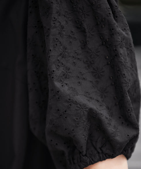 【2TYPE/総レース・袖レース】パンチングレースパフスリーブチュニックブラウス