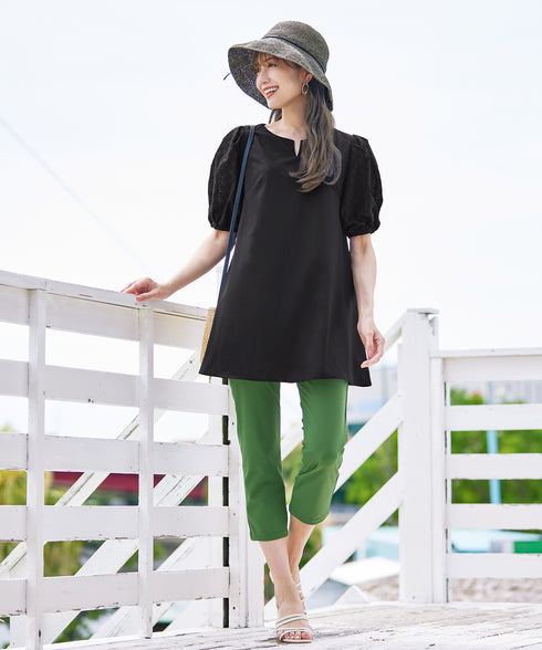 【2TYPE/総レース・袖レース】パンチングレースパフスリーブチュニックブラウス