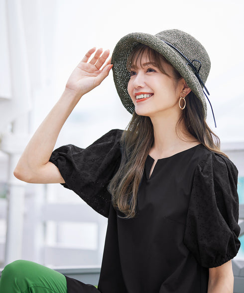 【2TYPE/総レース・袖レース】パンチングレースパフスリーブチュニックブラウス