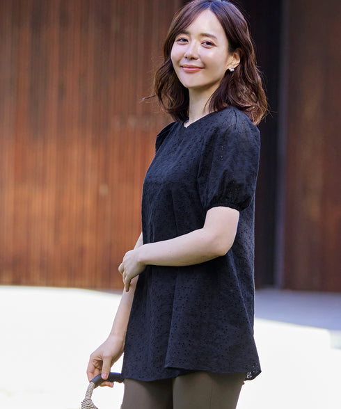 【2TYPE/総レース・袖レース】パンチングレースパフスリーブチュニックブラウス