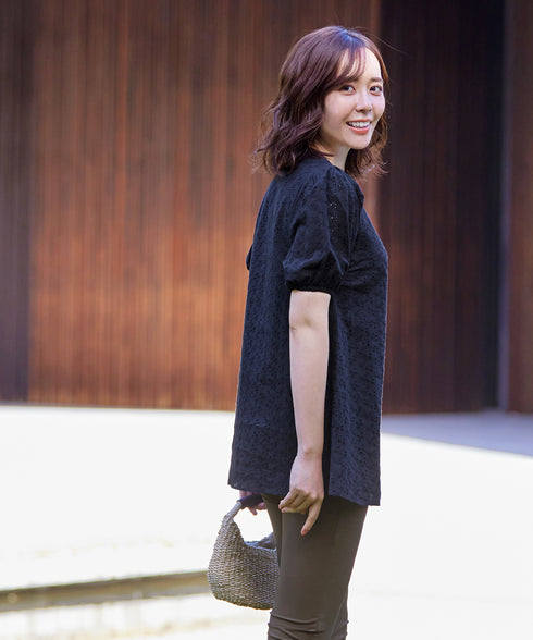 【2TYPE/総レース・袖レース】パンチングレースパフスリーブチュニックブラウス